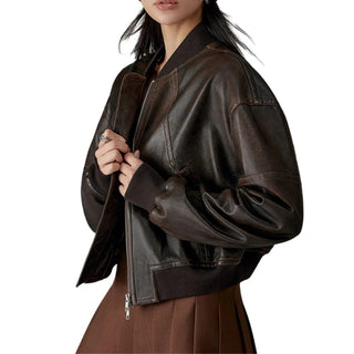 Alara Zipper Leather Bomber Jacket for Women Vintage Brown