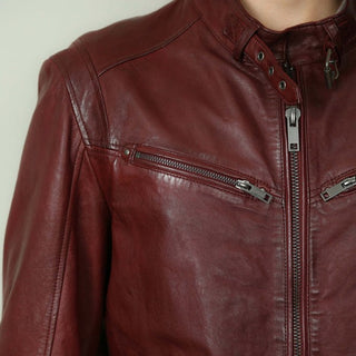 Leo Men's Genuine Leather Biker Jacket Maroon
