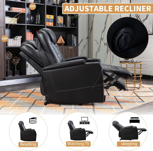 Power Recliner Chair Set of 3 – Black Leather with USB Ports & Cup Holders