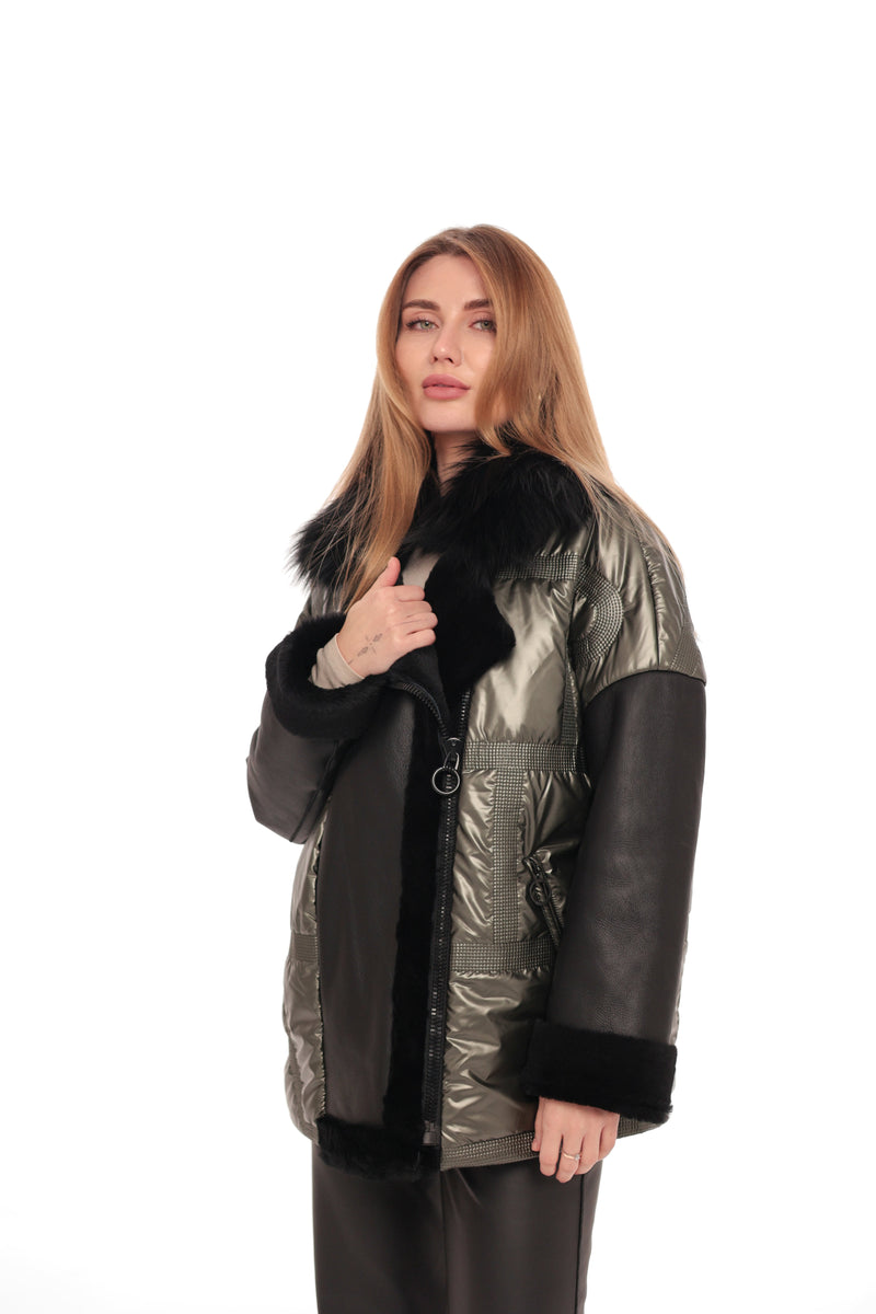 Genuine Lamb Leather Fox Fur Down Coat Olive