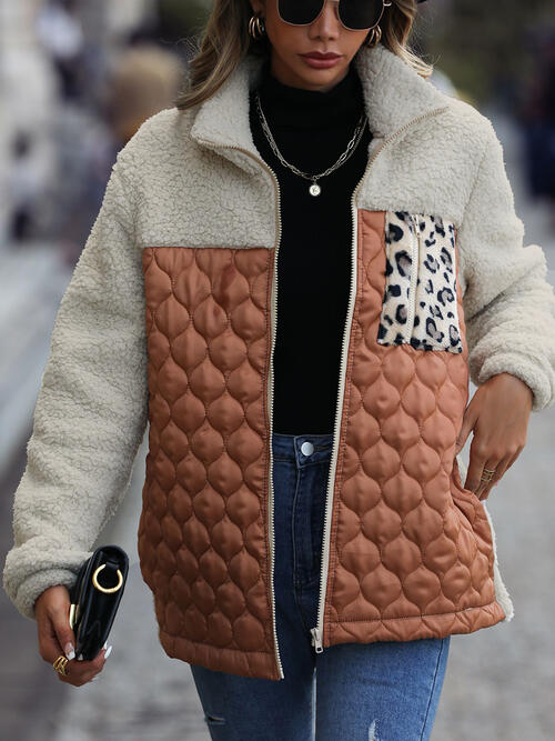 Women's Leopard Color Block Zip-Up Jacket