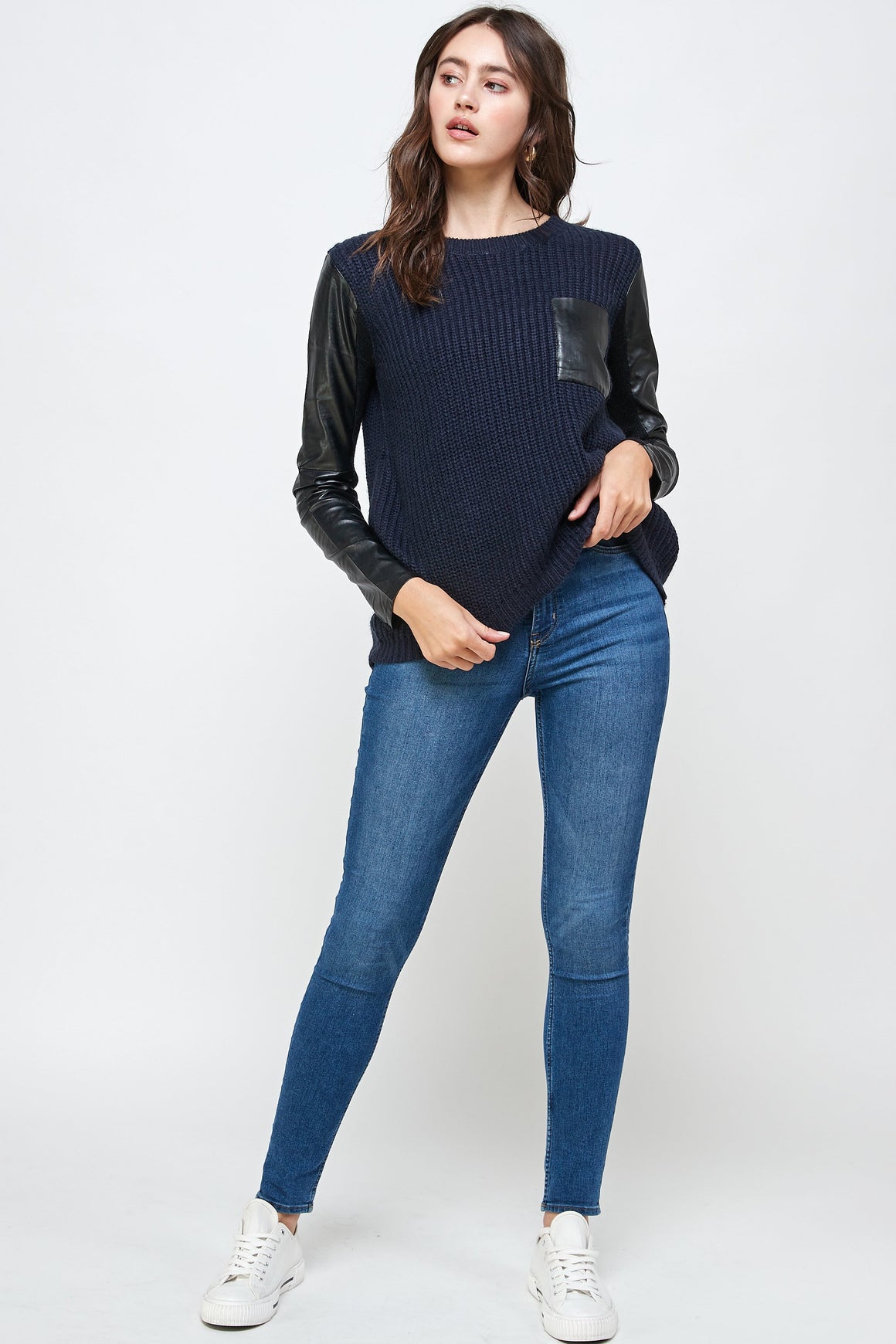 Chunky Knit Sweater with Faux Leather Sleeves 🖤✨ High-Low Top