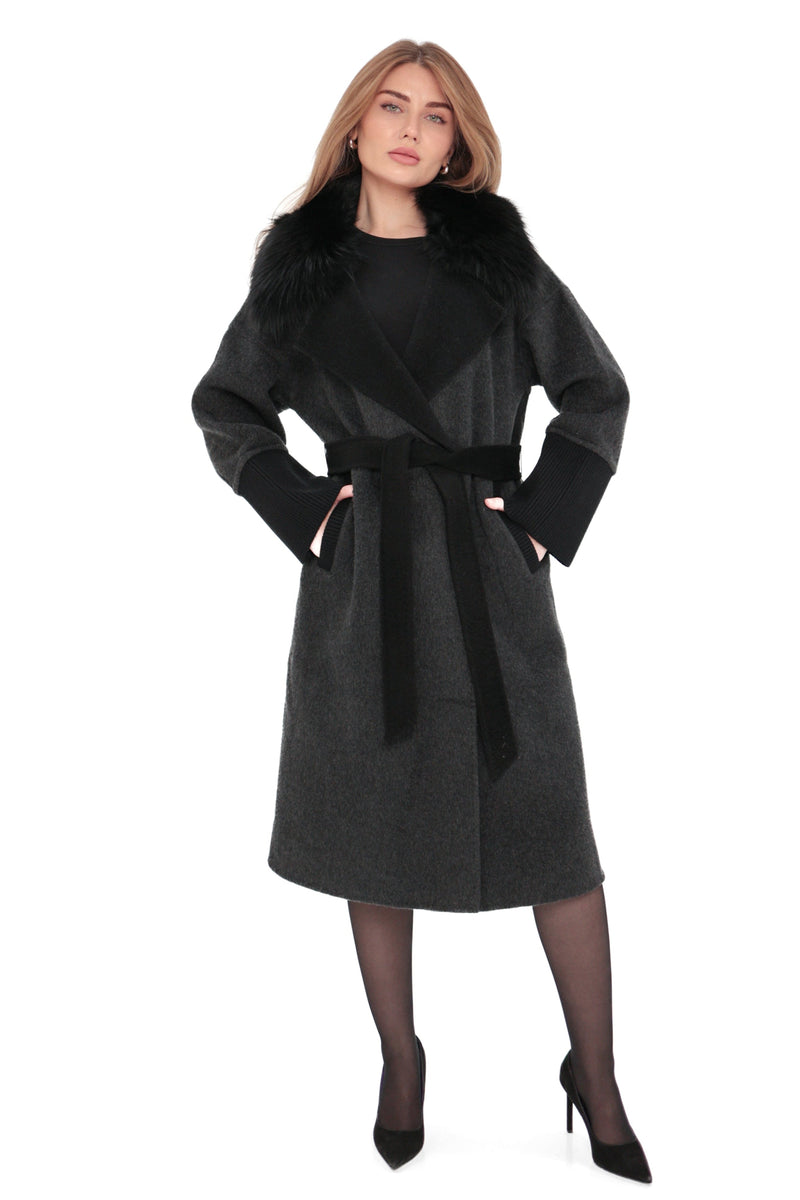 Graphite Cashmere Wool Coat with Silver Fox Fur