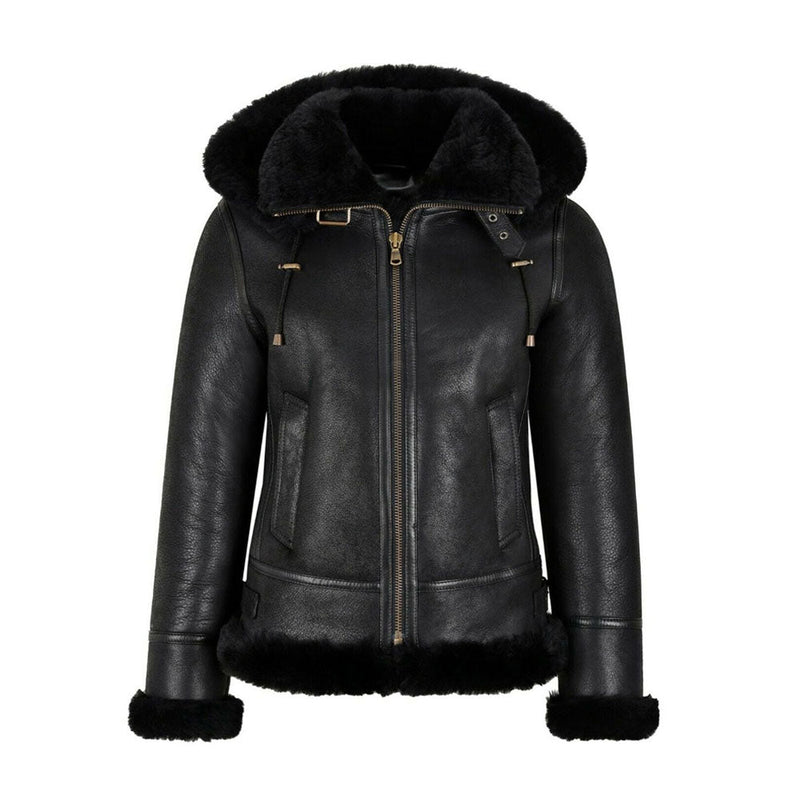 Women’s B3 Bomber Hooded Classic Black Shearling Jacket