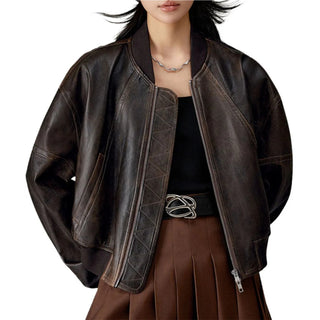 Alara Zipper Leather Bomber Jacket for Women Vintage Brown