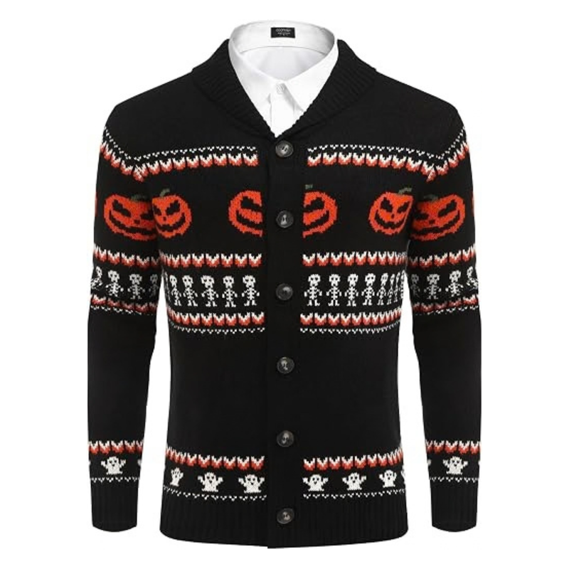 Men's Halloween Pumpkin Snowflake Cardigan Sweater