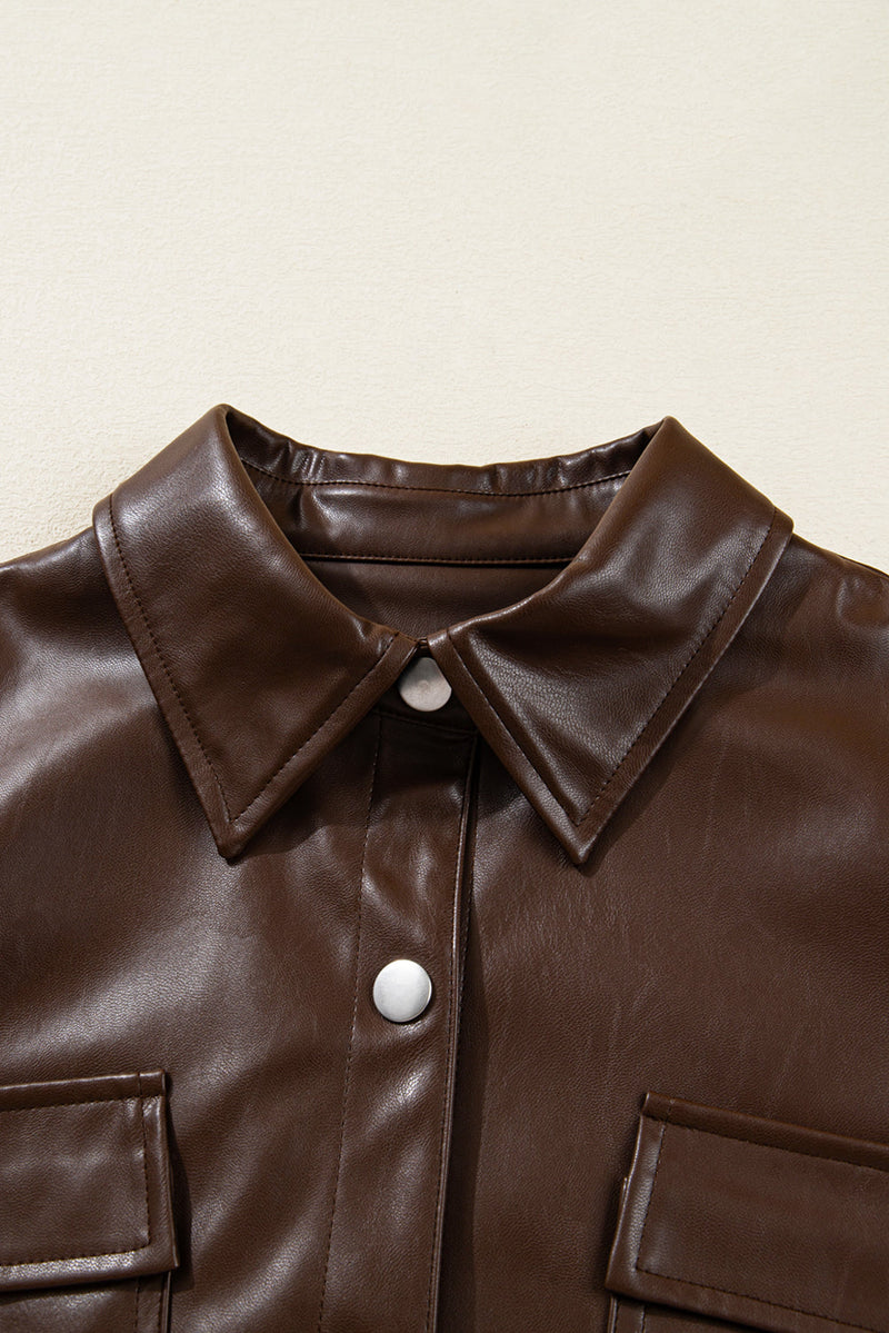 Faux Leather Drawstring Hem Jacket Women Utility Pocket Relaxed Fit