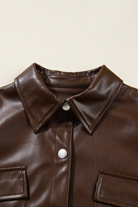 Faux Leather Drawstring Hem Jacket Women Utility Pocket Relaxed Fit