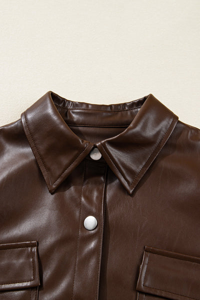Faux Leather Drawstring Hem Jacket Women Utility Pocket Relaxed Fit