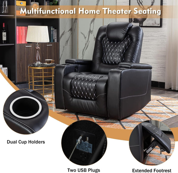 Power Recliner Chair Set of 3 – Black Leather with USB Ports & Cup Holders