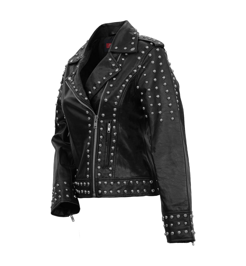 Afaaf Women’s Black Lambskin Leather Jacket Studded Biker Style