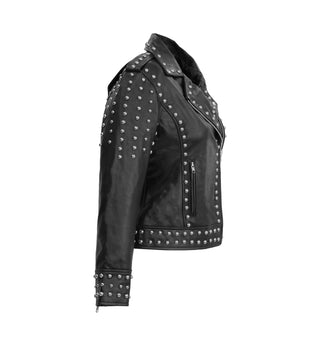 Afaaf Women’s Black Lambskin Leather Jacket Studded Biker Style