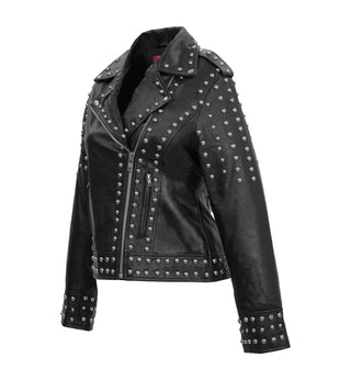 Afaaf Women’s Black Lambskin Leather Jacket Studded Biker Style
