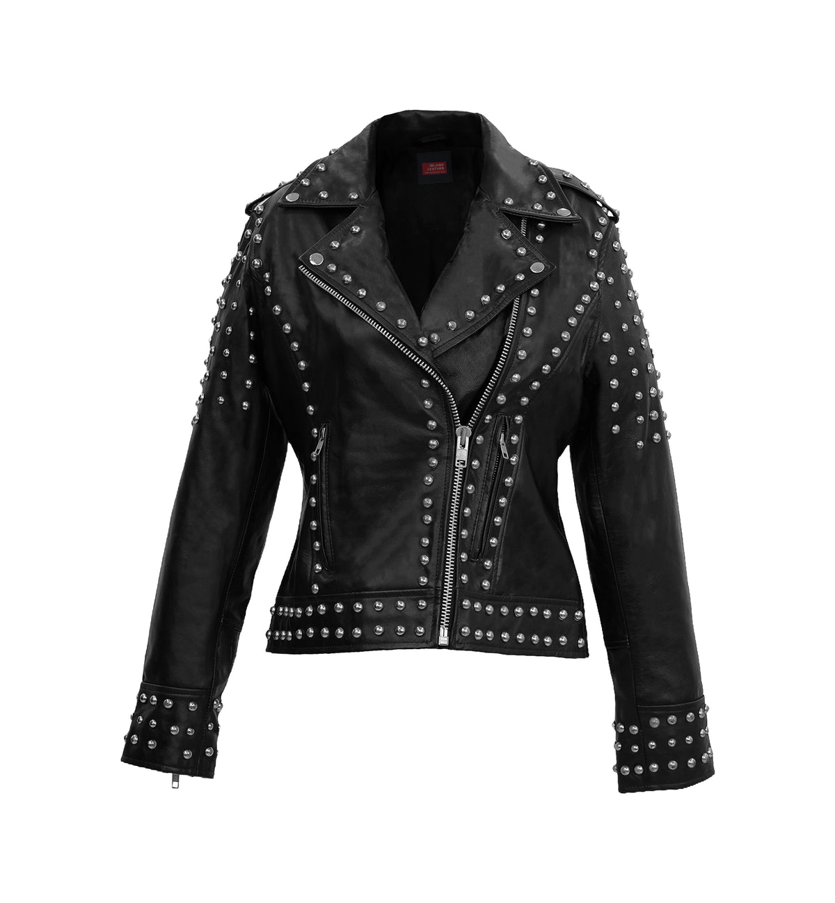 Afaaf Women’s Black Lambskin Leather Jacket Studded Biker Style