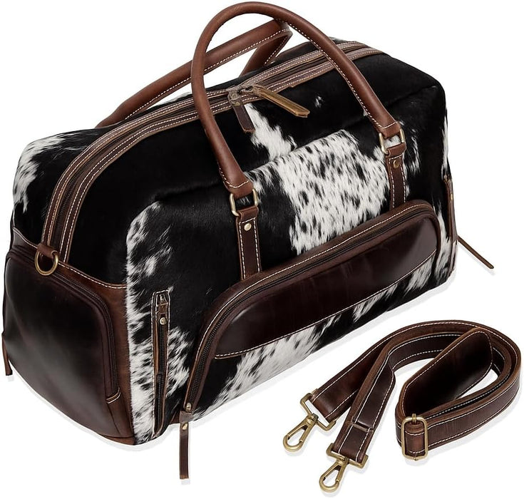 Full Grain Buffalo Leather Duffle Bag – 24" Vintage Brown Cowhide Leather Duffel Bag 22" – Brown & White Hair-On-Hide Travel WeekenderWeekender (Copy)