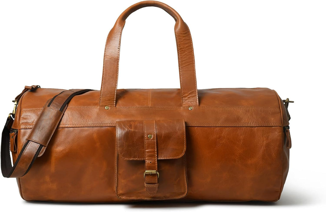 Full Grain Buffalo Leather Duffle Bag – 24" Vintage Brown Travel Weekender