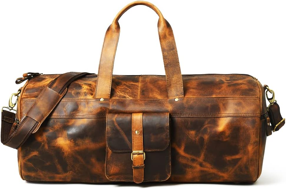 Full Grain Buffalo Leather Duffle Bag – 24" Vintage Brown Travel Weekender