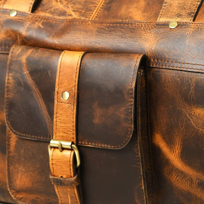 Full Grain Buffalo Leather Duffle Bag – 24" Vintage Brown Travel Weekender