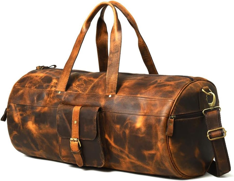 Full Grain Buffalo Leather Duffle Bag – 24" Vintage Brown Travel Weekender