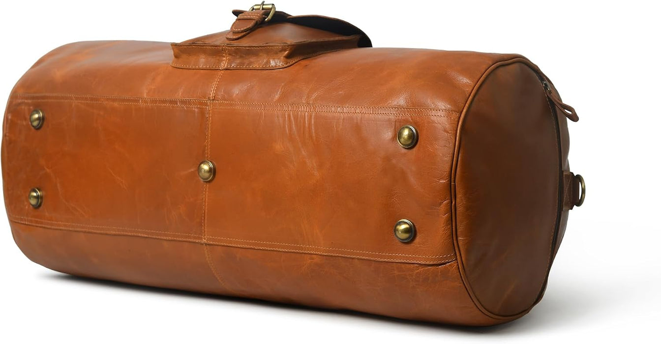 Full Grain Buffalo Leather Duffle Bag – 24" Vintage Brown Travel Weekender