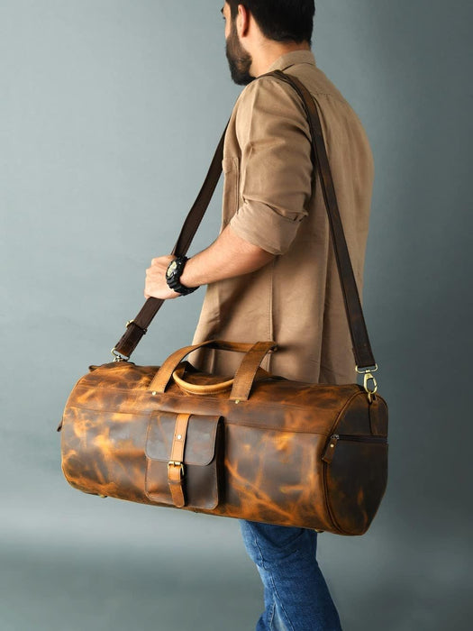 Full Grain Buffalo Leather Duffle Bag – 24" Vintage Brown Travel Weekender