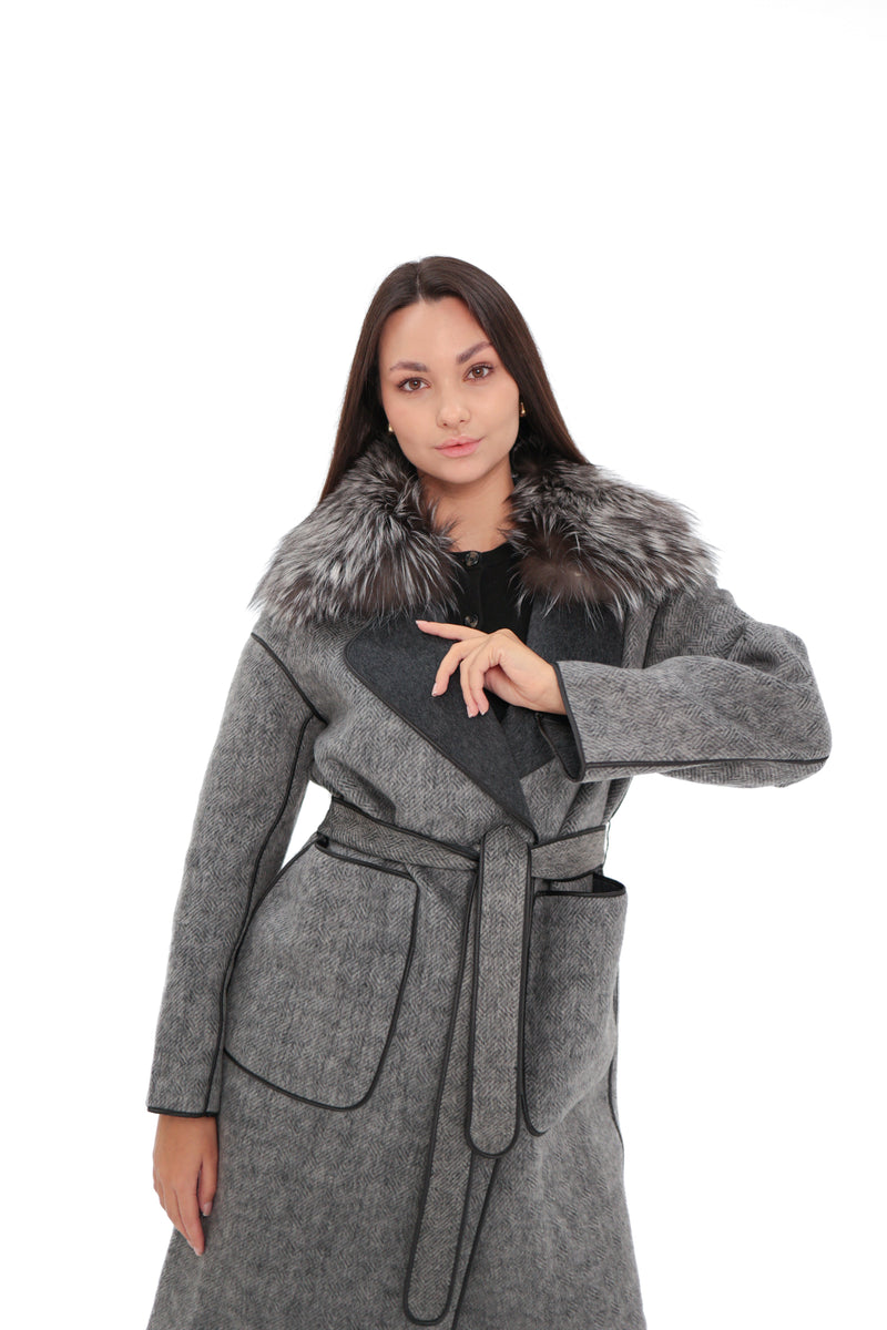 Genuine Silver Fox Fur Wool Coat for Women