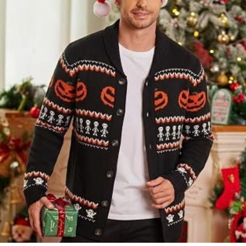Men's Halloween Pumpkin Snowflake Cardigan Sweater