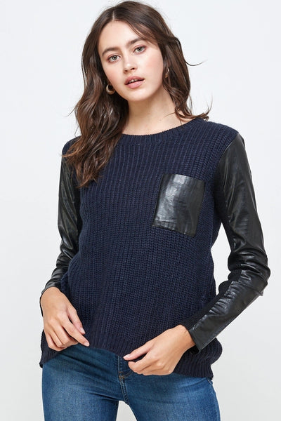 Chunky Knit Sweater with Faux Leather Sleeves 🖤✨ High-Low Top