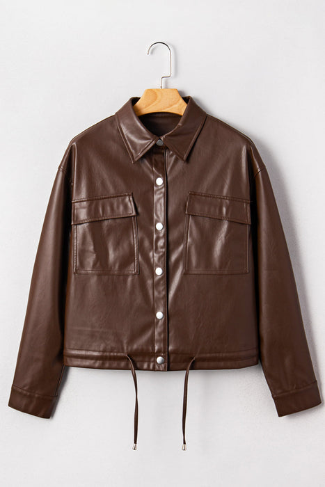 Faux Leather Drawstring Hem Jacket Women Utility Pocket Relaxed Fit