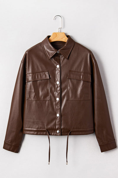 Faux Leather Drawstring Hem Jacket Women Utility Pocket Relaxed Fit