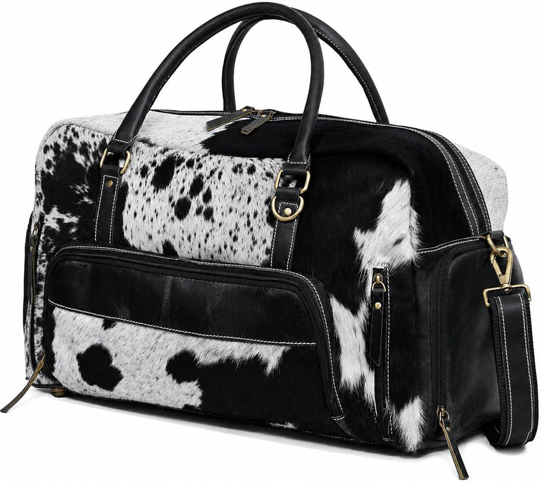 Full Grain Buffalo Leather Duffle Bag – 24" Vintage Brown Cowhide Leather Duffel Bag 22" – Brown & White Hair-On-Hide Travel WeekenderWeekender (Copy)