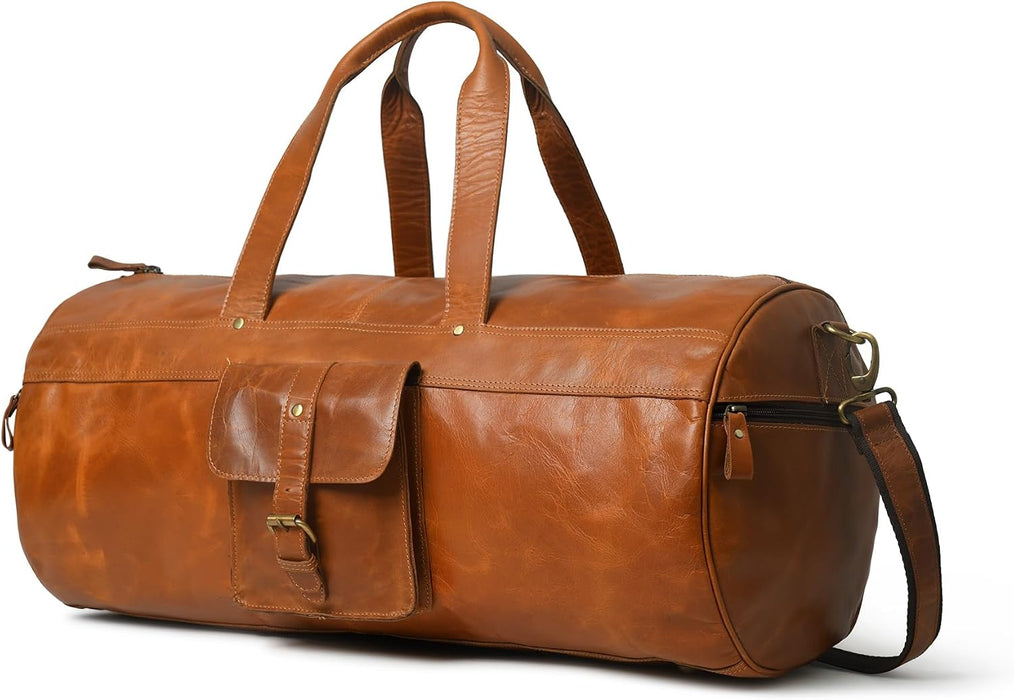 Full Grain Buffalo Leather Duffle Bag – 24" Vintage Brown Travel Weekender