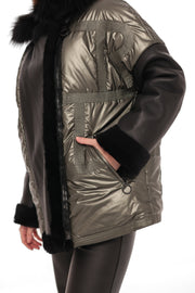 Genuine Lamb Leather Fox Fur Down Coat Olive