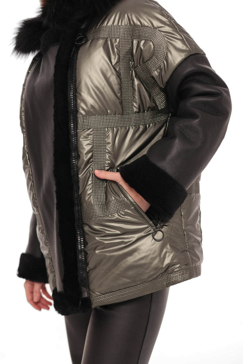 Genuine Lamb Leather Fox Fur Down Coat Olive
