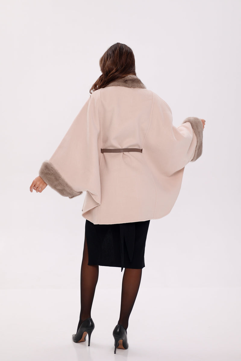 Genuine Mink Fur Wool Poncho Coat – Beige