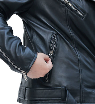 Lina Genuine Leather Biker Jacket For Women Zipper Closure Black