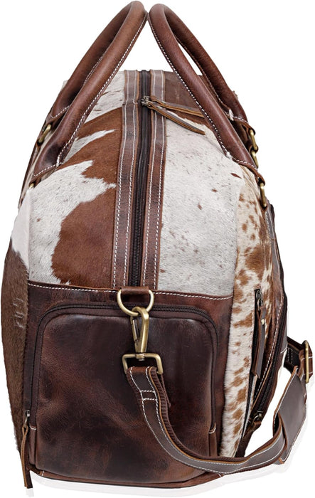 Full Grain Buffalo Leather Duffle Bag – 24" Vintage Brown Cowhide Leather Duffel Bag 22" – Brown & White Hair-On-Hide Travel WeekenderWeekender (Copy)
