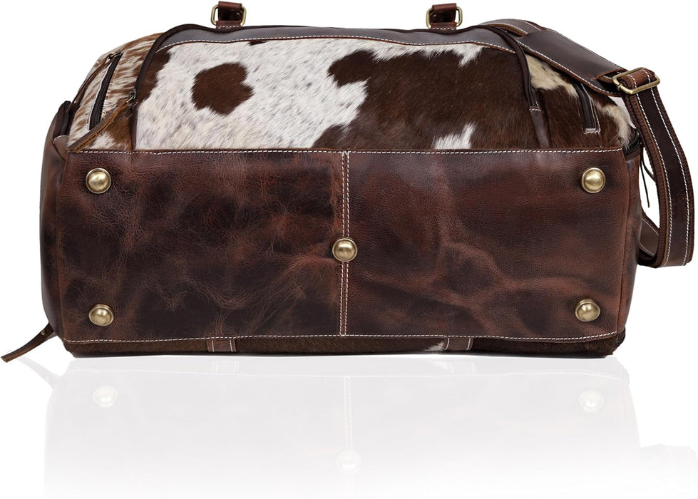Full Grain Buffalo Leather Duffle Bag – 24" Vintage Brown Cowhide Leather Duffel Bag 22" – Brown & White Hair-On-Hide Travel WeekenderWeekender (Copy)