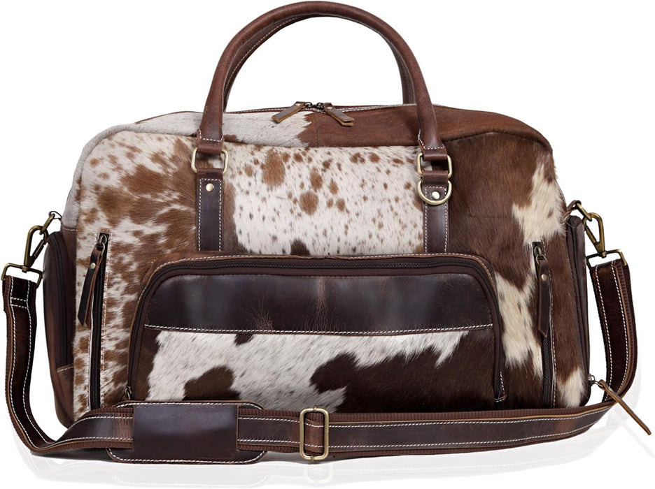 Full Grain Buffalo Leather Duffle Bag – 24" Vintage Brown Cowhide Leather Duffel Bag 22" – Brown & White Hair-On-Hide Travel WeekenderWeekender (Copy)