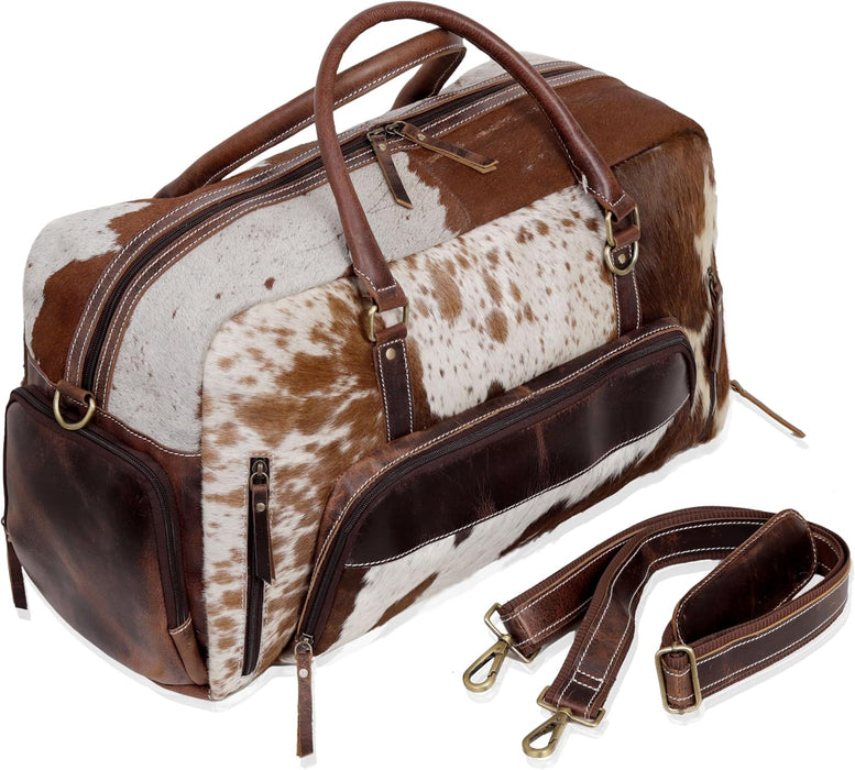 Full Grain Buffalo Leather Duffle Bag – 24" Vintage Brown Cowhide Leather Duffel Bag 22" – Brown & White Hair-On-Hide Travel WeekenderWeekender (Copy)