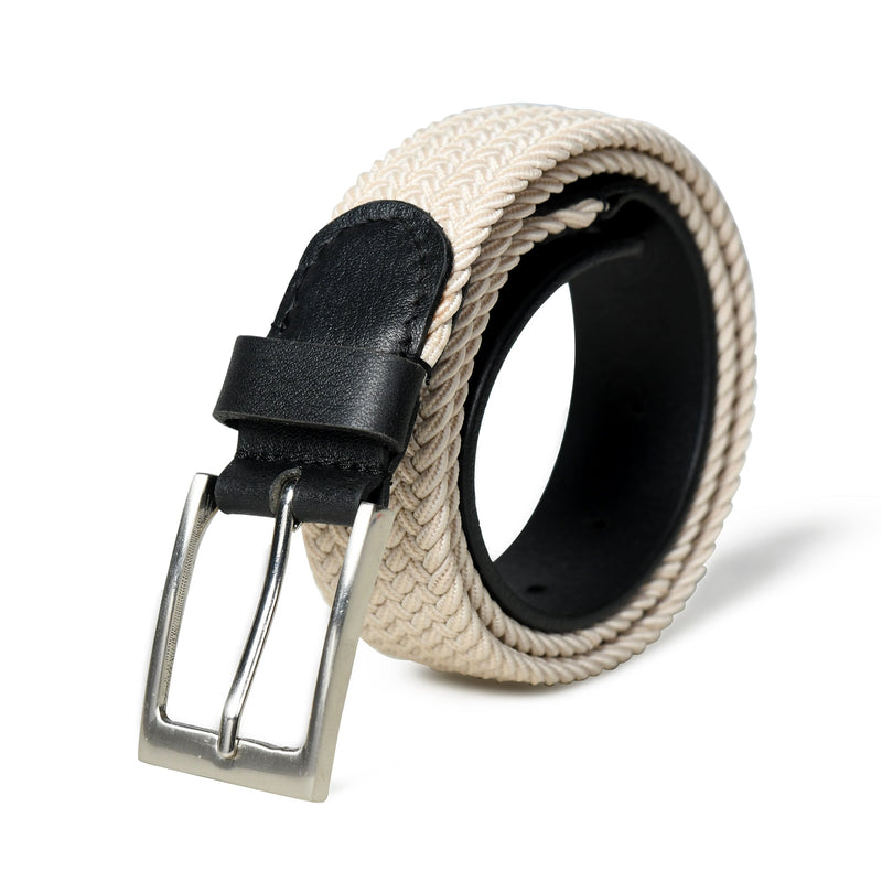 Cream & Black Men's Braided Canvas Leather Belt