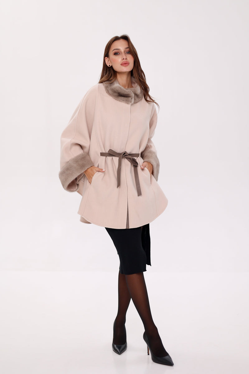 Genuine Mink Fur Wool Poncho Coat – Beige