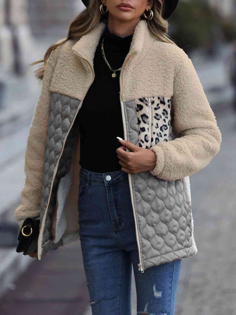 Women's Leopard Color Block Zip-Up Jacket