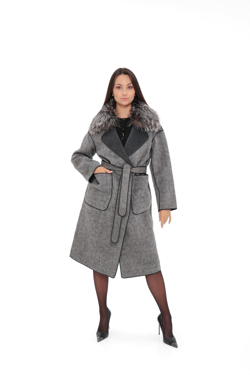 Genuine Silver Fox Fur Wool Coat for Women