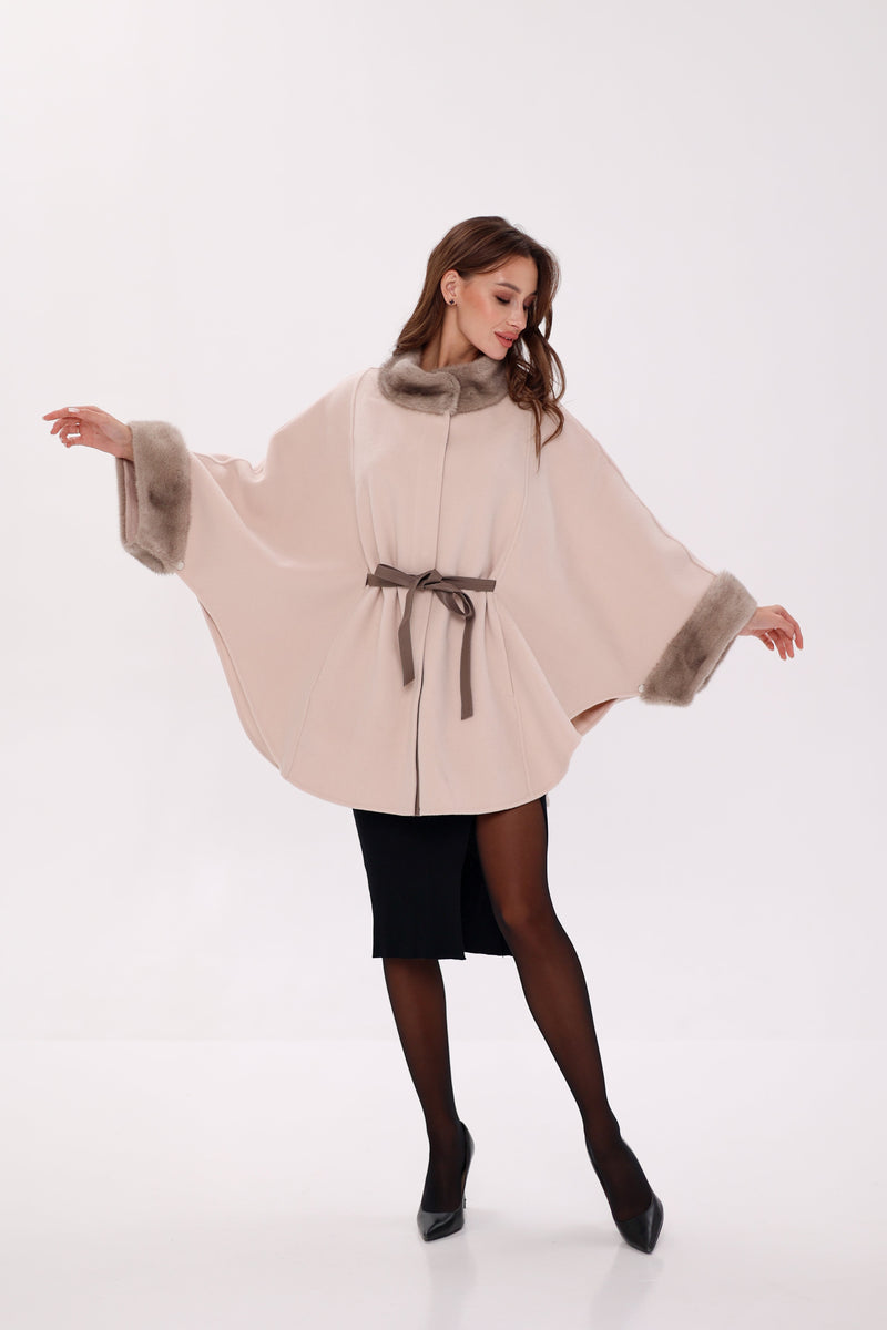 Genuine Mink Fur Wool Poncho Coat – Beige