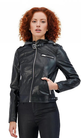 Alana Womens Leather Jacket with Hoody