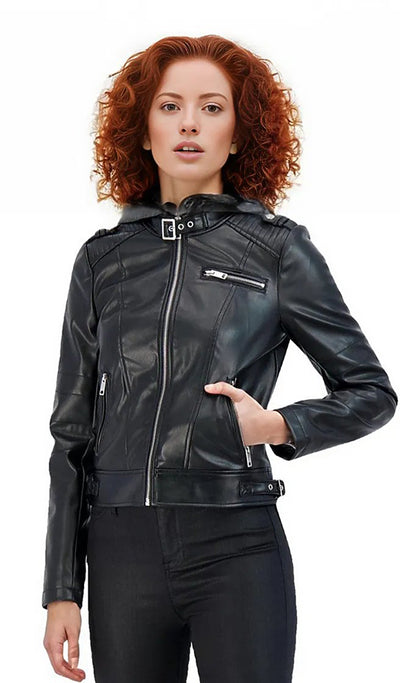 Alana Womens Leather Jacket with Hoody