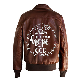 Always Put Your Hope In God Printed Bomber Genuine Leather Jacket
