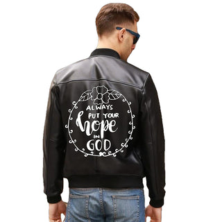 Always Put Your Hope In God Printed Real Leather Jacket