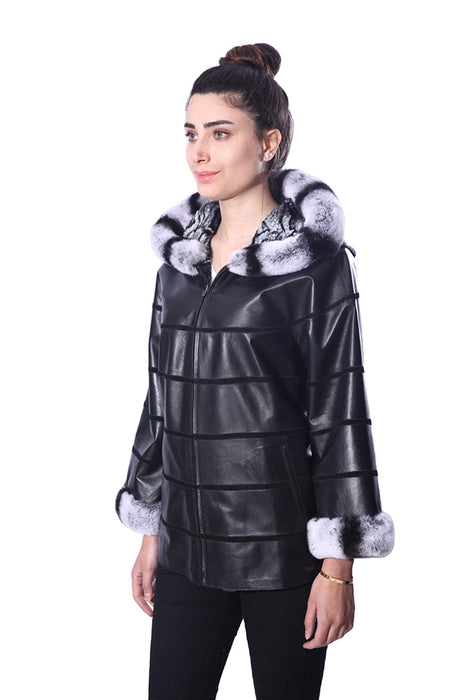 Anna Womens Real Fur Leather Jacket with Hood